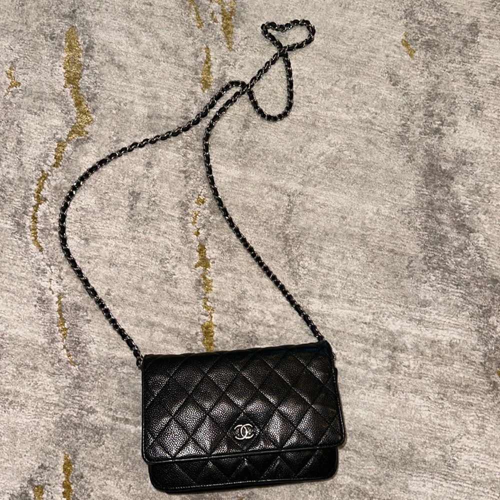 CHANEL Black Quilted Caviar Leather Crossbody Bag with Silver Hardware